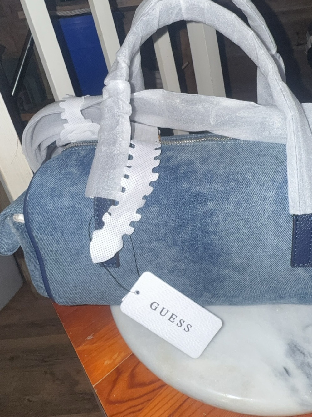 NWT GUESS Kassie Small Box Satchel Bag Denim Y2K - Picture 6 of 7